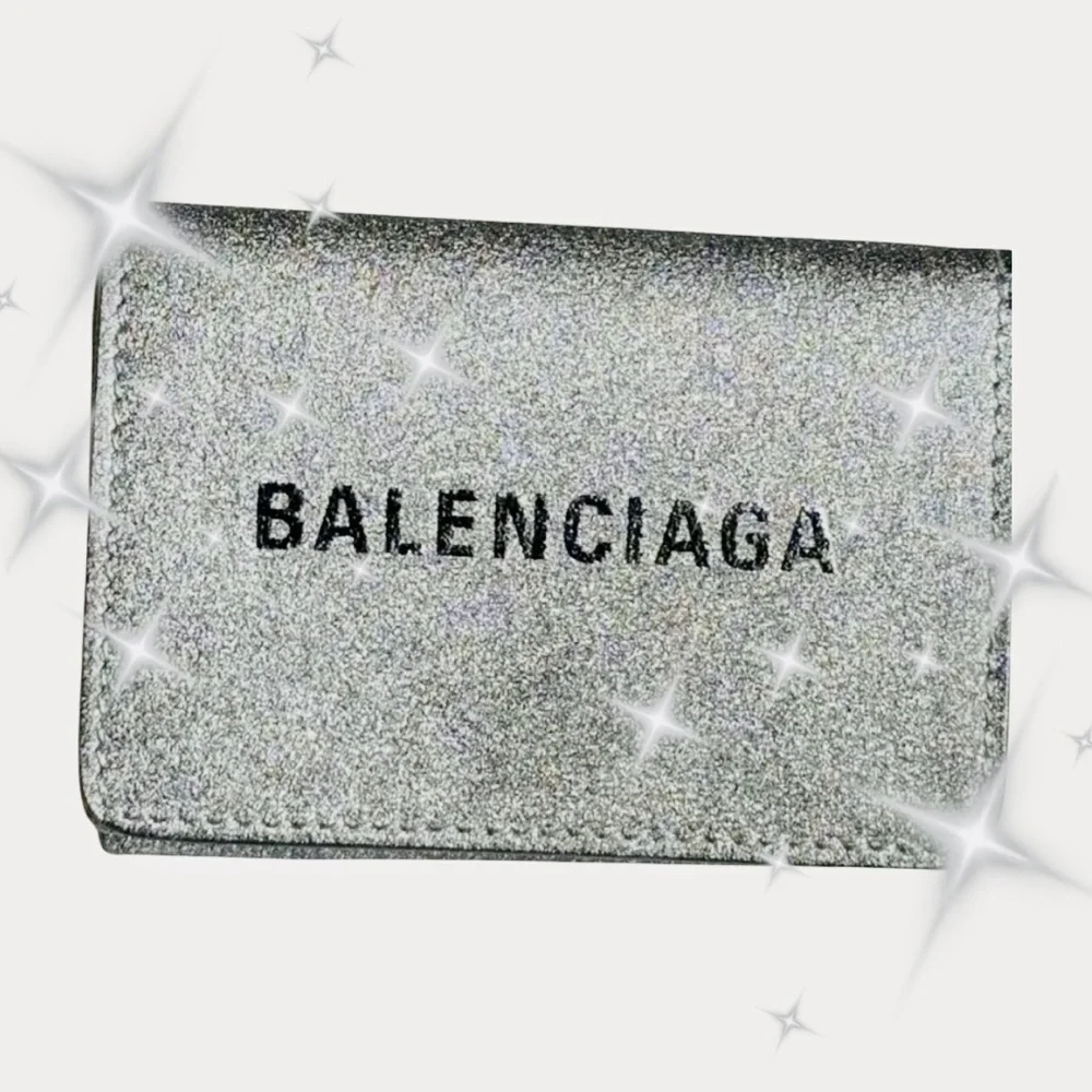 BALENCIAGA Silver/Gray Glitte Everyday Mini leather Wallet, EUC